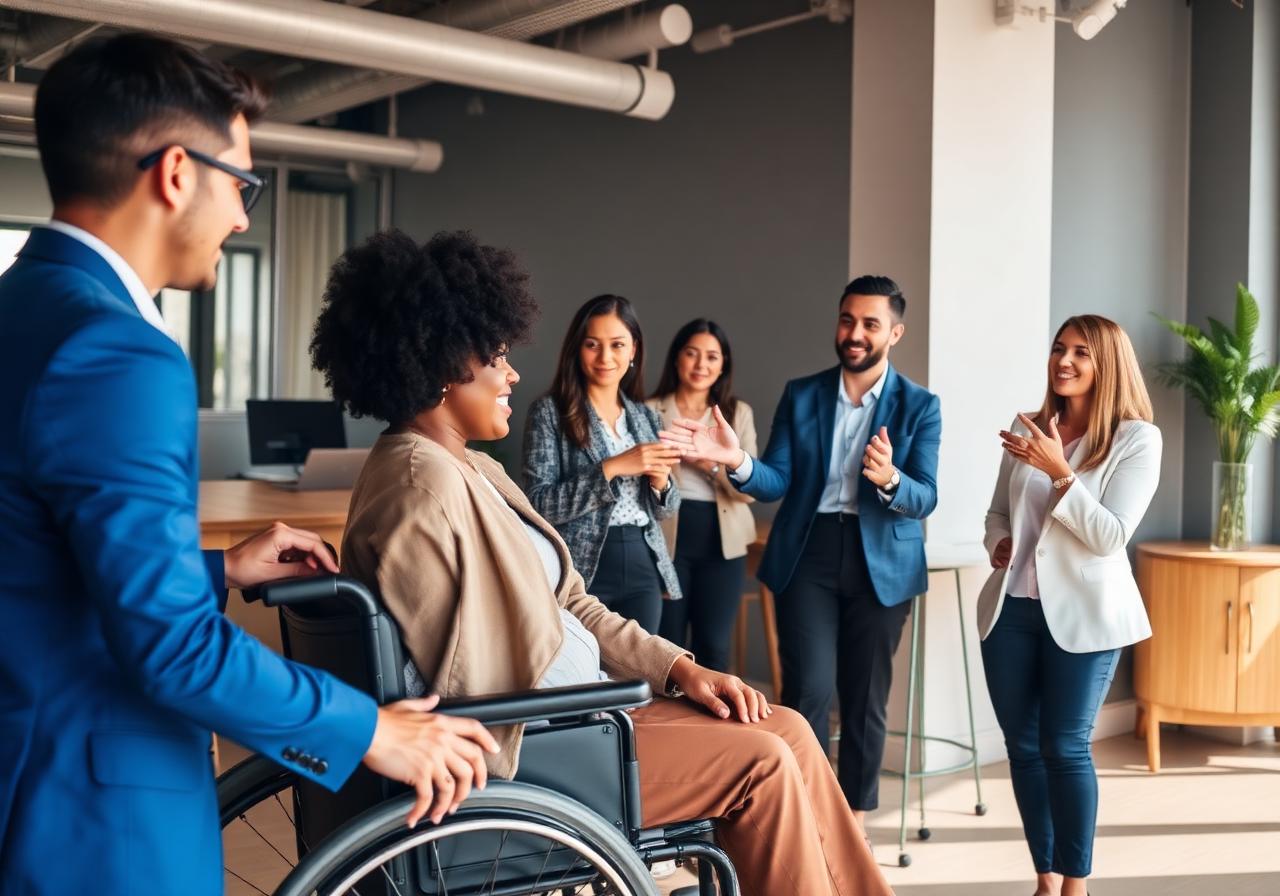 Equipe corporativa diversa, incluindo pessoa em cadeira de rodas e mulher se comunicando em Libras