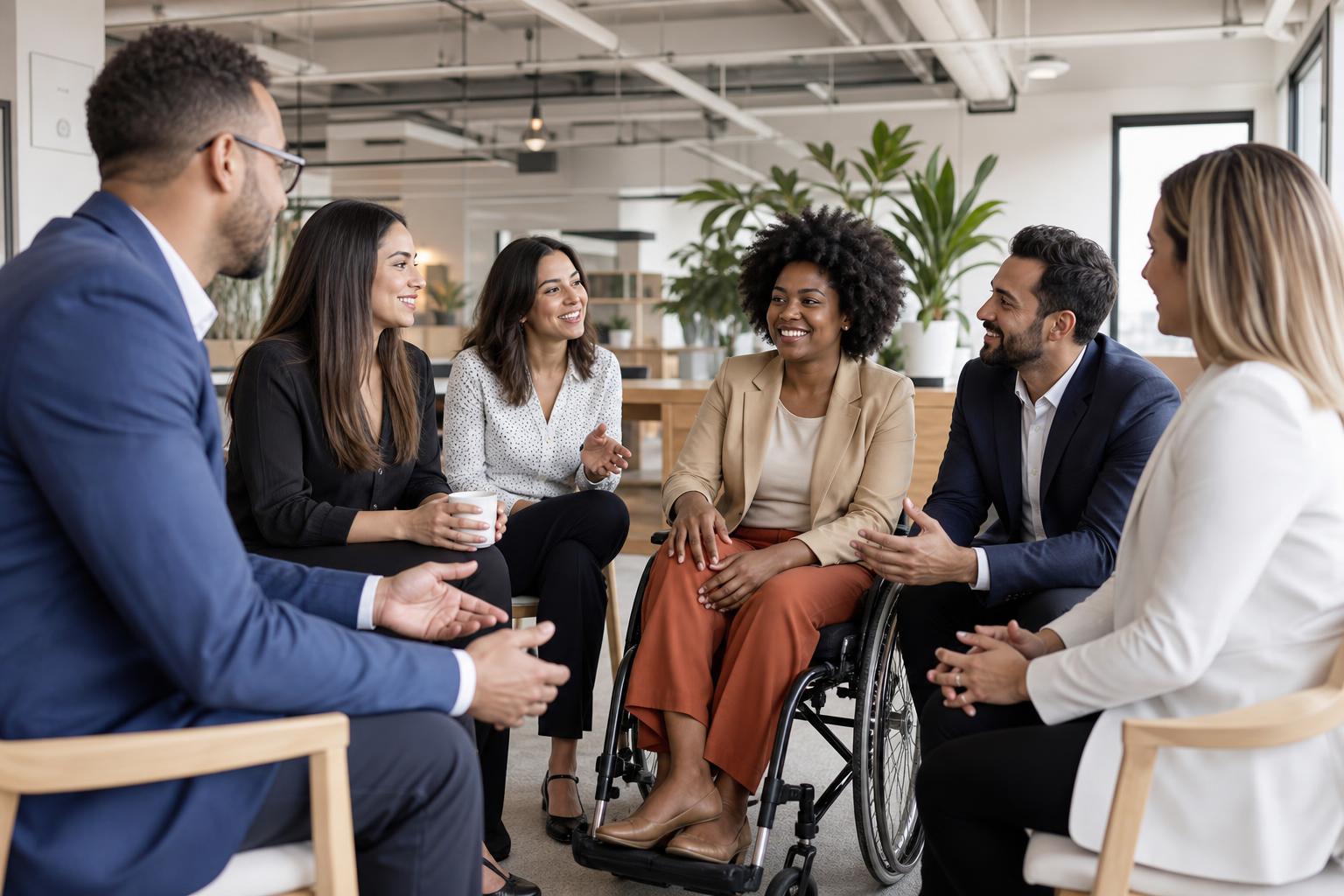 Equipe corporativa diversa, incluindo pessoa em cadeira de rodas e mulher se comunicando em Libras